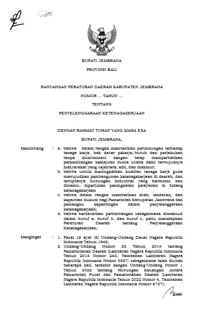 Rancangan Peraturan Daerah Kabupaten Jembrana tentang Penyelenggaraan Ketenagakerjaan